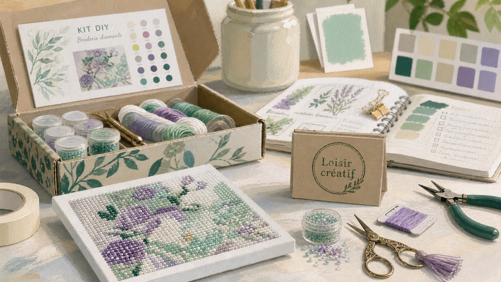 Activité manuelle adulte : kit DIY ouvert sur table, perles et broderie diamants