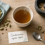 Infusion de cardamome bienfait après repas, gousses et graines sur table en bois
