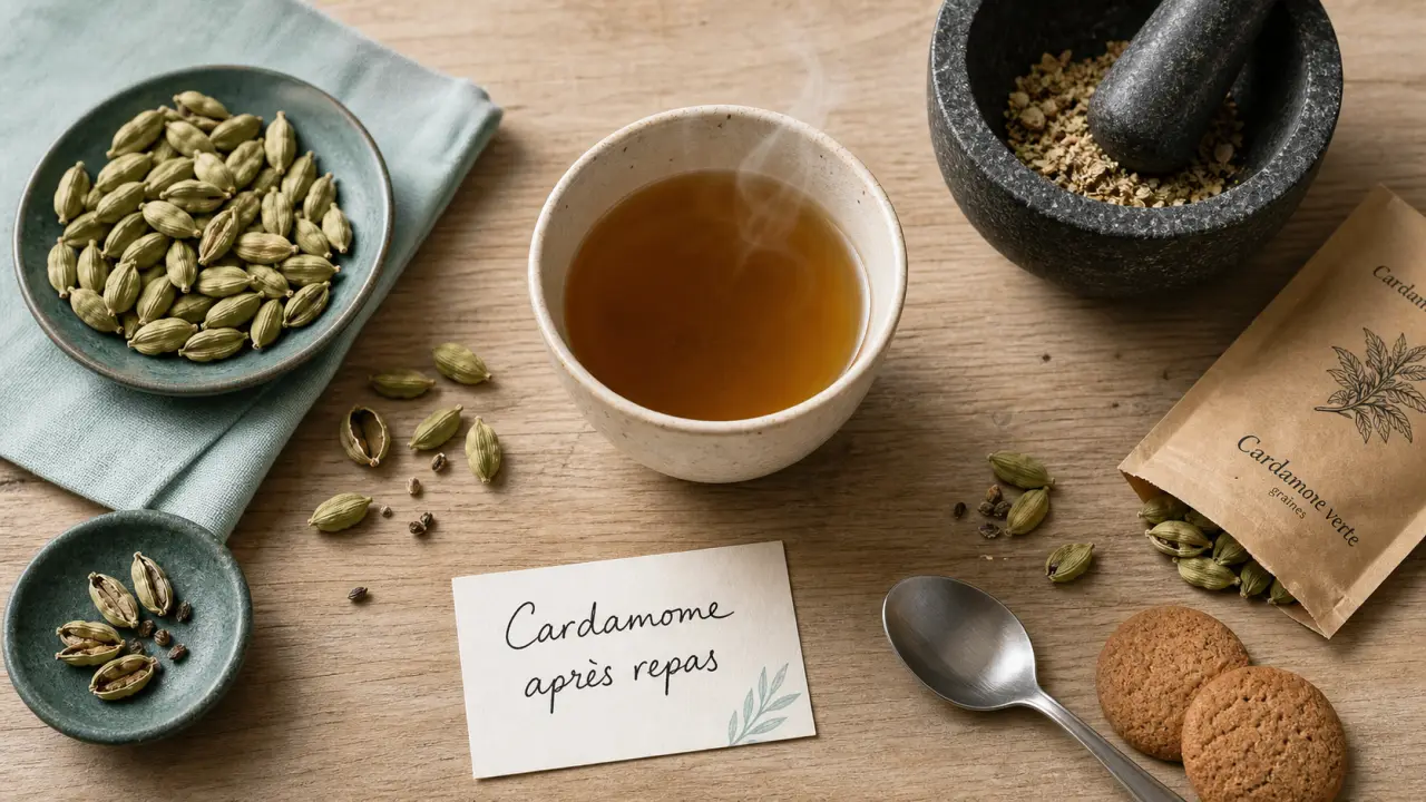 Infusion de cardamome bienfait après repas, gousses et graines sur table en bois