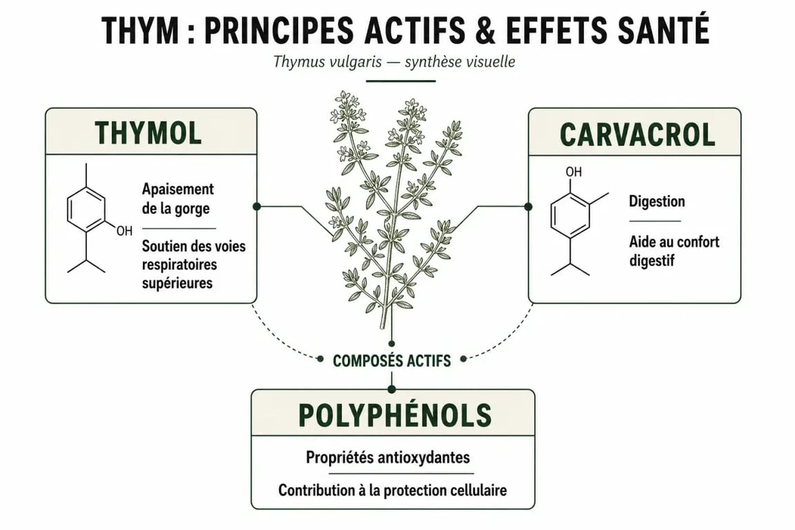 Infographie sur les bienfaits du thym en tisane : principes actifs et propriétés santé