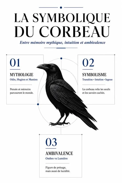 Infographie récapitulative de la signification spirituelle et mythologique du corbeau : symbolisme, Odin, intuition et transition.