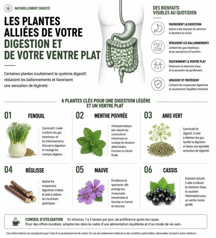 Infographie des plantes naturelles pour un ventre plat et une digestion facilitée