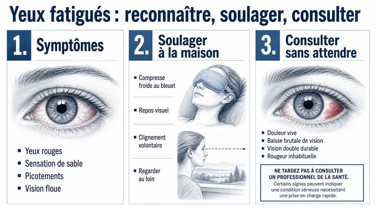 Yeux fatigués remède de grand-mère : illustration récapitulative des symptômes, gestes naturels et signes d’alerte