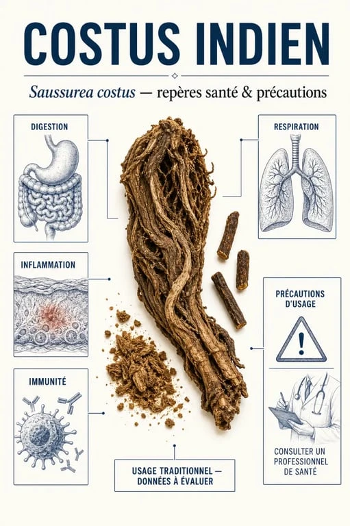 Costus indien bienfaits : racine de Saussurea costus, usages traditionnels et précautions santé