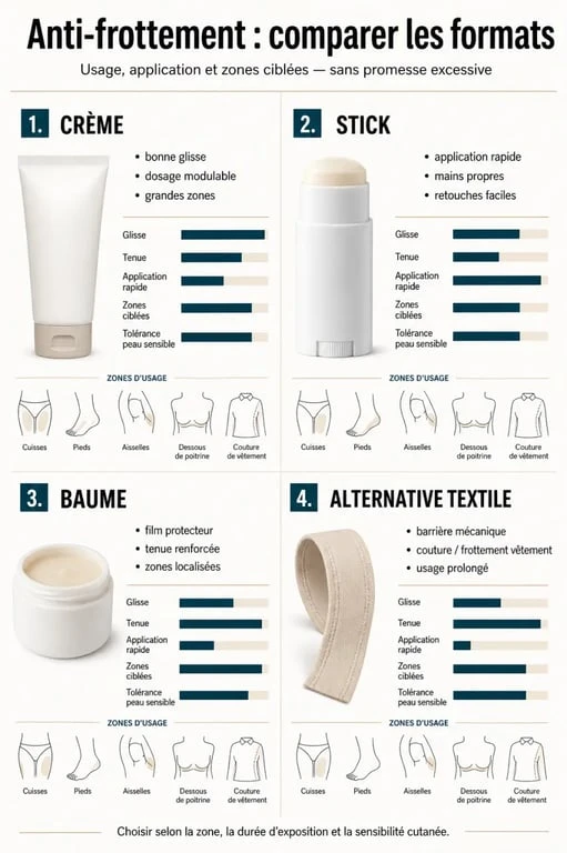 Infographie comparant la crème anti-frottement, le stick, le baume et les alternatives textiles