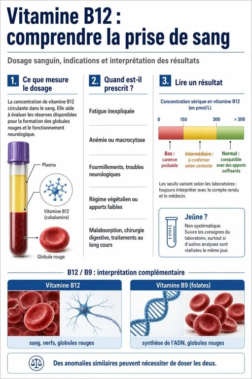Infographie sur la vitamine B12 prise de sang avec les seuils, le jeûne et le comparatif B12 B9