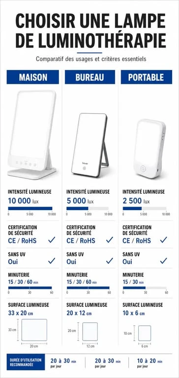 Luminothérapie meilleure lampe : comparaison visuelle des critères de choix selon l'usage