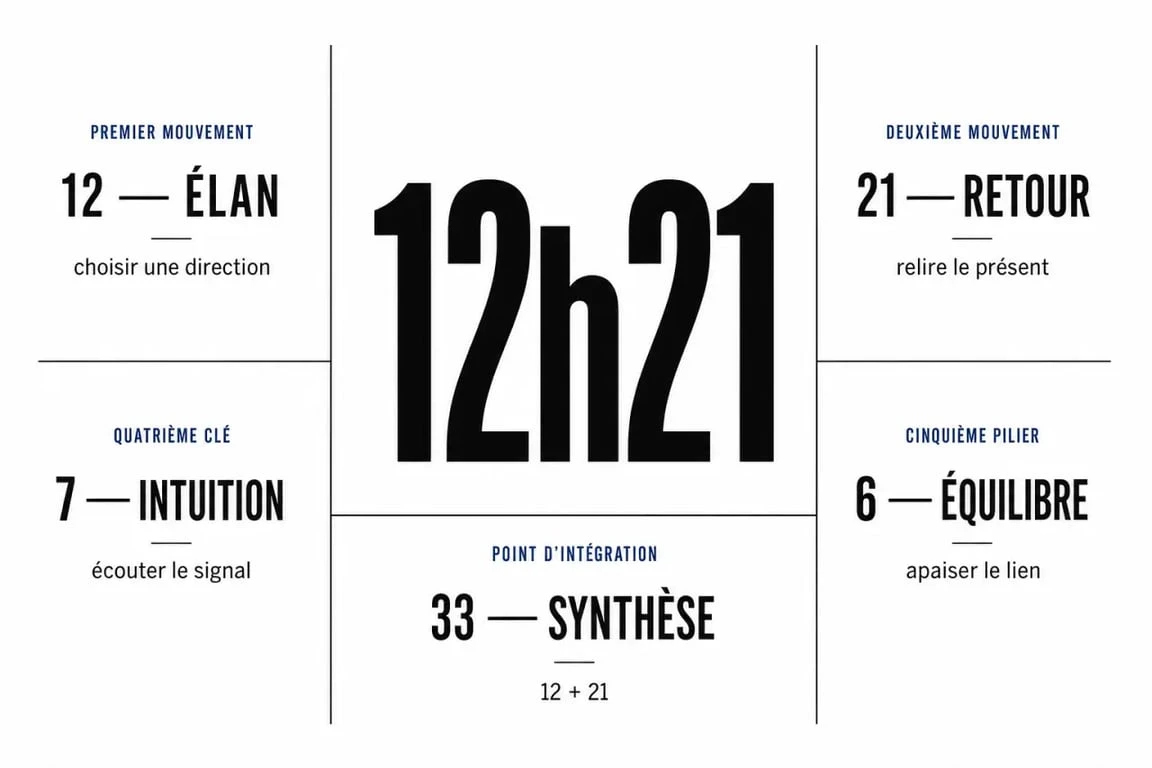 Infographie éditoriale sur la signification de l’heure 12h21 avec les nombres 12, 21, 33, 7 et 6