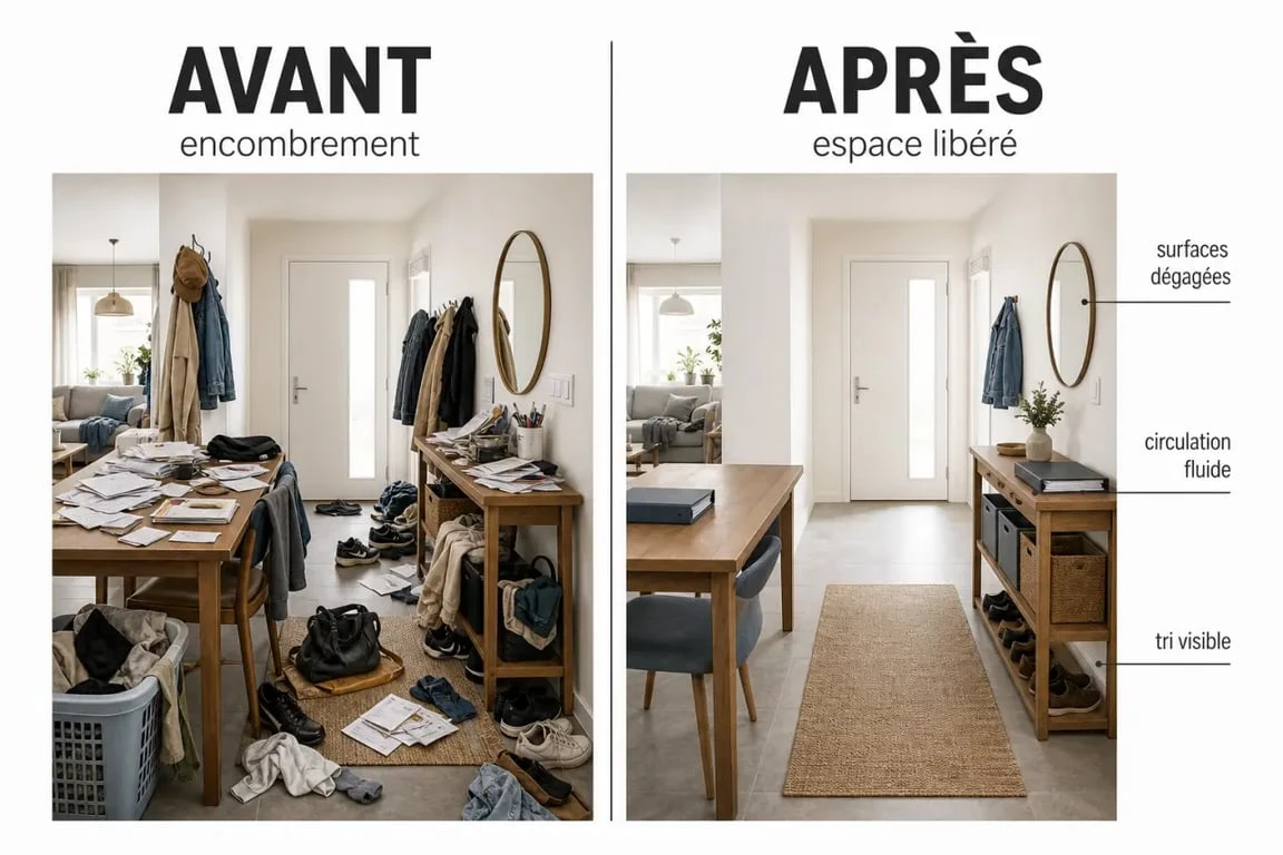 Désencombrer sa maison avant apres : intérieur encombré puis espace rangé et aéré