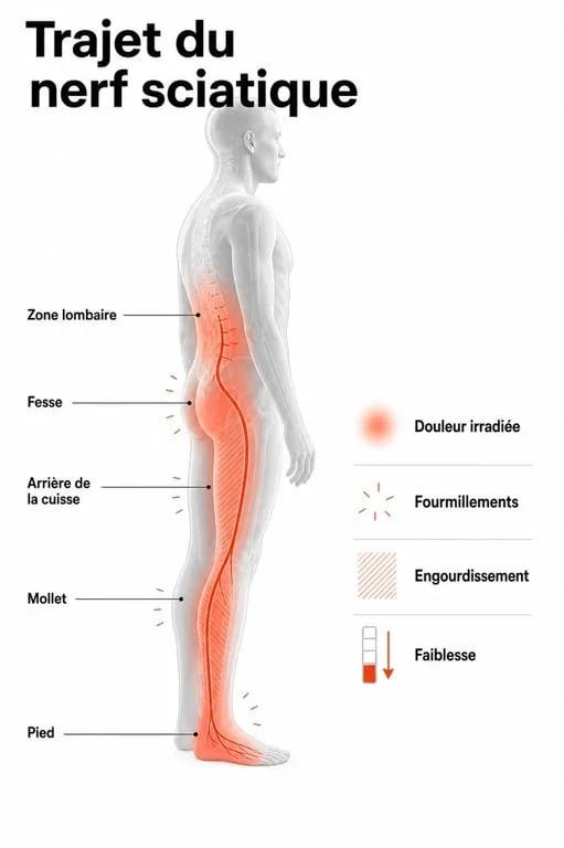 Courir avec une sciatique : schéma du trajet du nerf sciatique et des zones de douleur