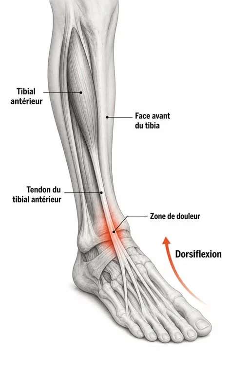 Schéma de la tendinite releveur du pied montrant le tibial antérieur et la zone douloureuse
