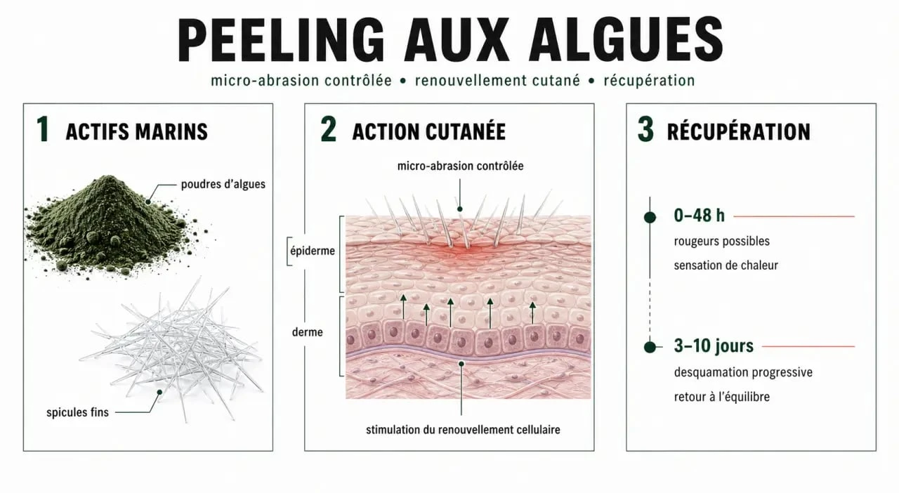 Peeling aux algues : schéma du mécanisme et de la phase de renouvellement cutané