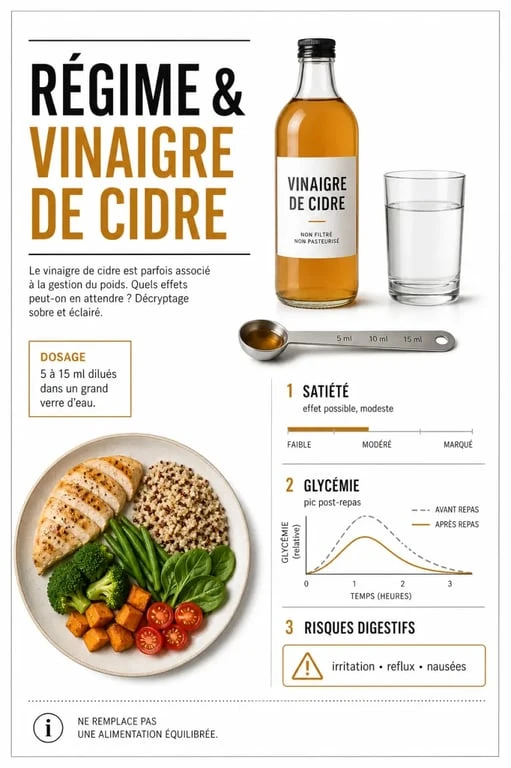 Infographie sur le régime et vinaigre de cidre : doses, effets sur la satiété et la glycémie, et précautions