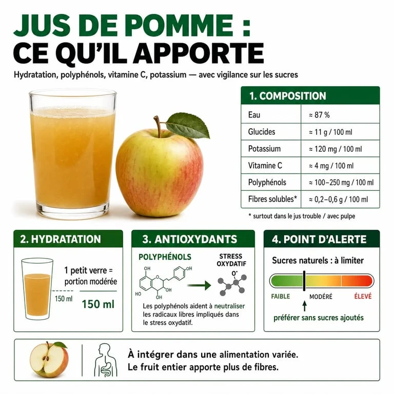 Jus de pommes bienfaits : infographie santé sur les apports, les antioxydants et la modération