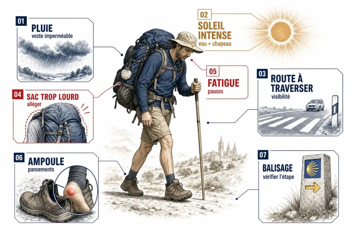 Les dangers sur le chemin de compostelle illustrés par un pèlerin face au soleil, à la pluie, aux routes et à la fatigue