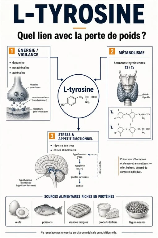 Infographie L-tyrosine et perte de poids : énergie, stress et métabolisme