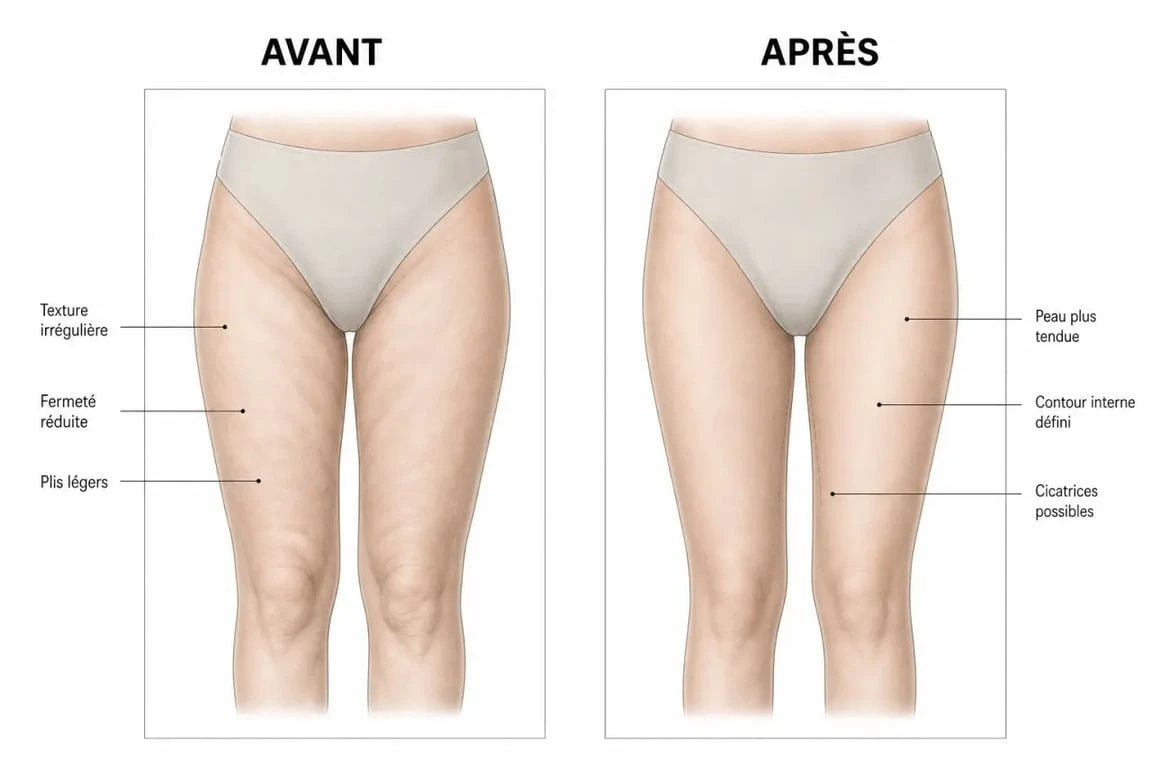 Avant/après cuisse flasque avant apres : illustration comparative du relâchement cutané et d’une peau plus ferme
