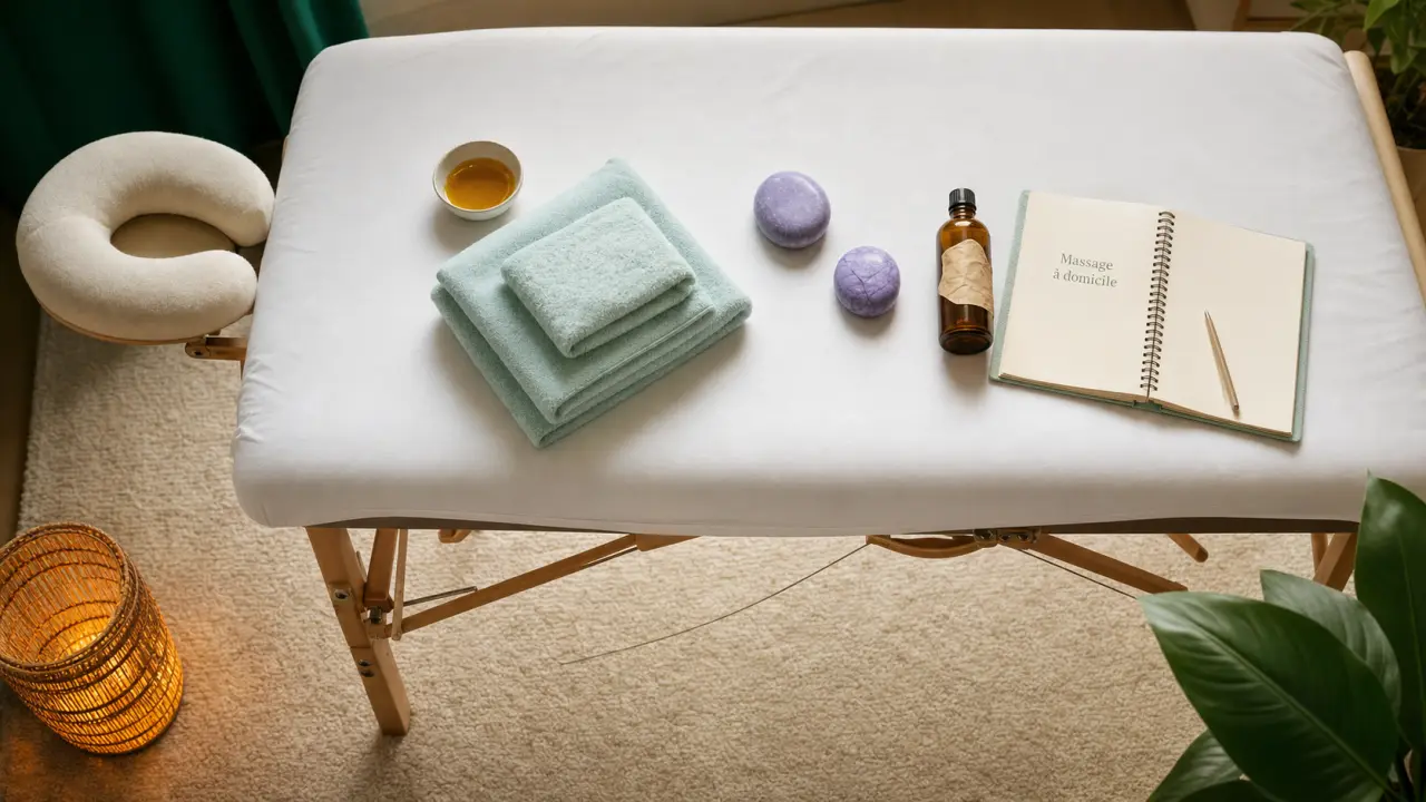 Massage a domicile : table de massage prête, huiles et pierres