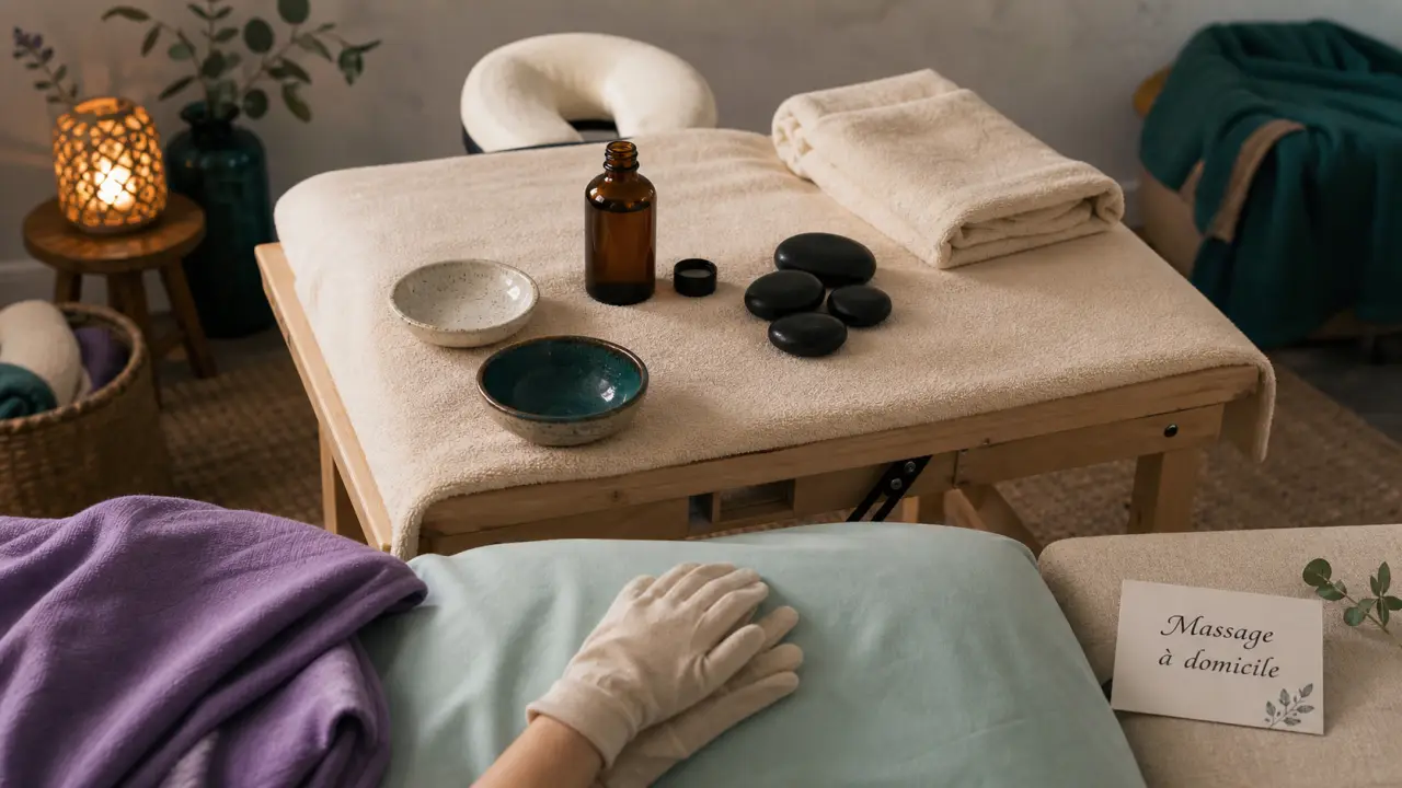 Massage a domicile : table de massage avec huiles et serviettes