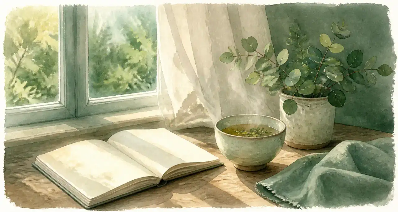 Coin de table le matin : carnet ouvert, infusion fumante et plante verte dans une lumière douce