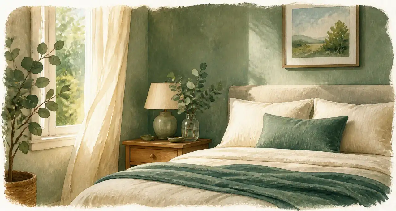 Coin de chambre apaisant : lit en lin crème, plaid vert d'eau et lampe de chevet