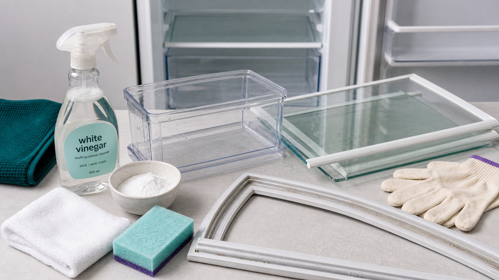 Nettoyer frigo au vinaigre blanc : chiffon et bacs en verre propres