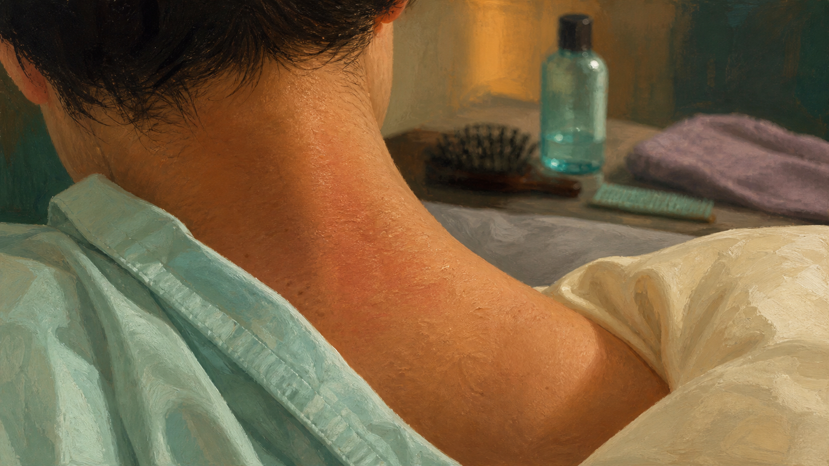 Nuque qui gratte : irritation visible au cou, peau rouge et sèche