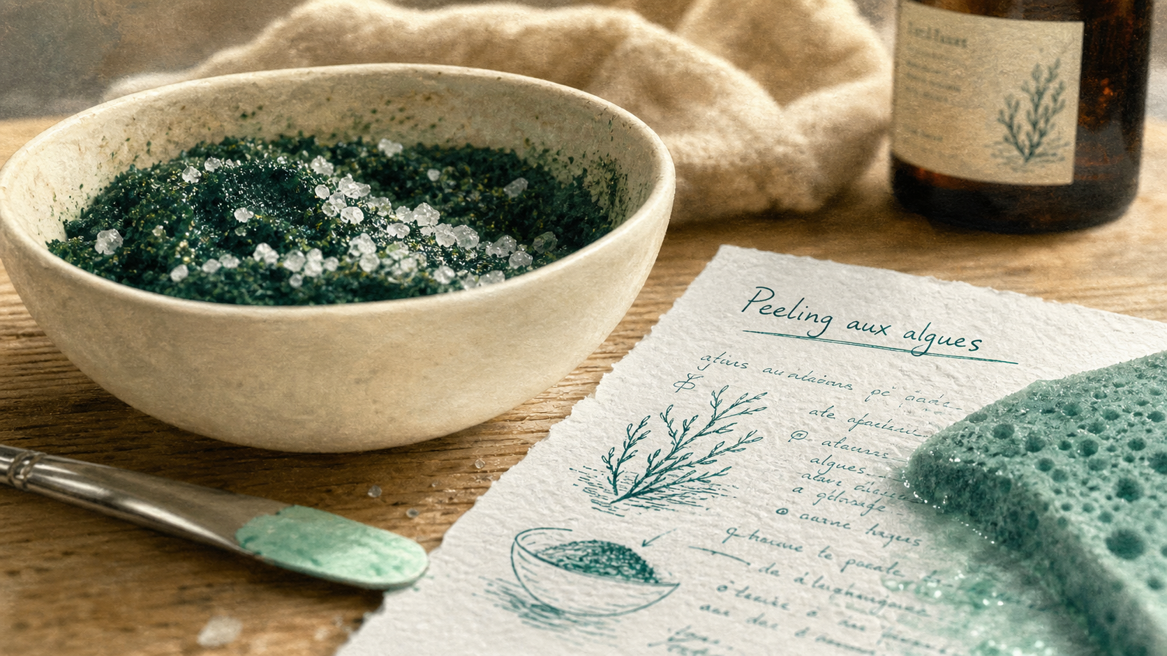 Peeling aux algues : bol de poudre d’algues et préparation spa