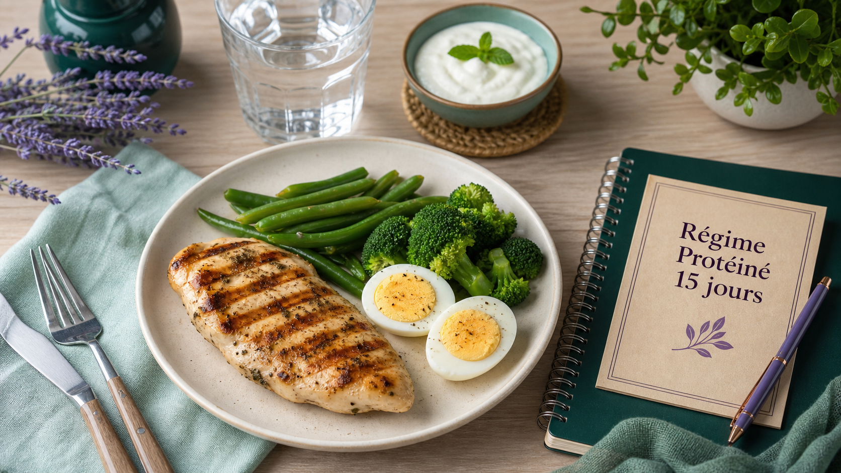 regime proteine 15 jours : assiette poulet et œufs, yaourt nature, aliments riches en protéines