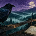 Signification corbeau : corbeau noir nocturne sur pont ancien, lune voilée
