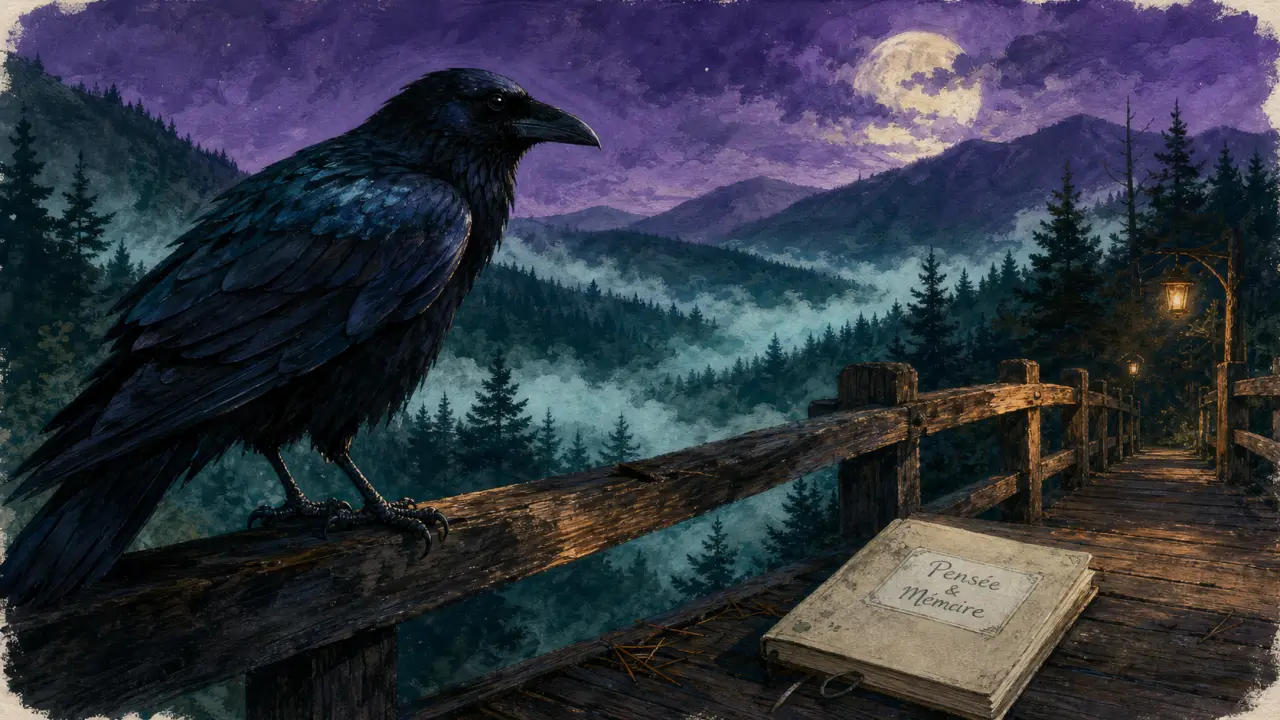 Signification corbeau : corbeau noir nocturne sur pont ancien, lune voilée