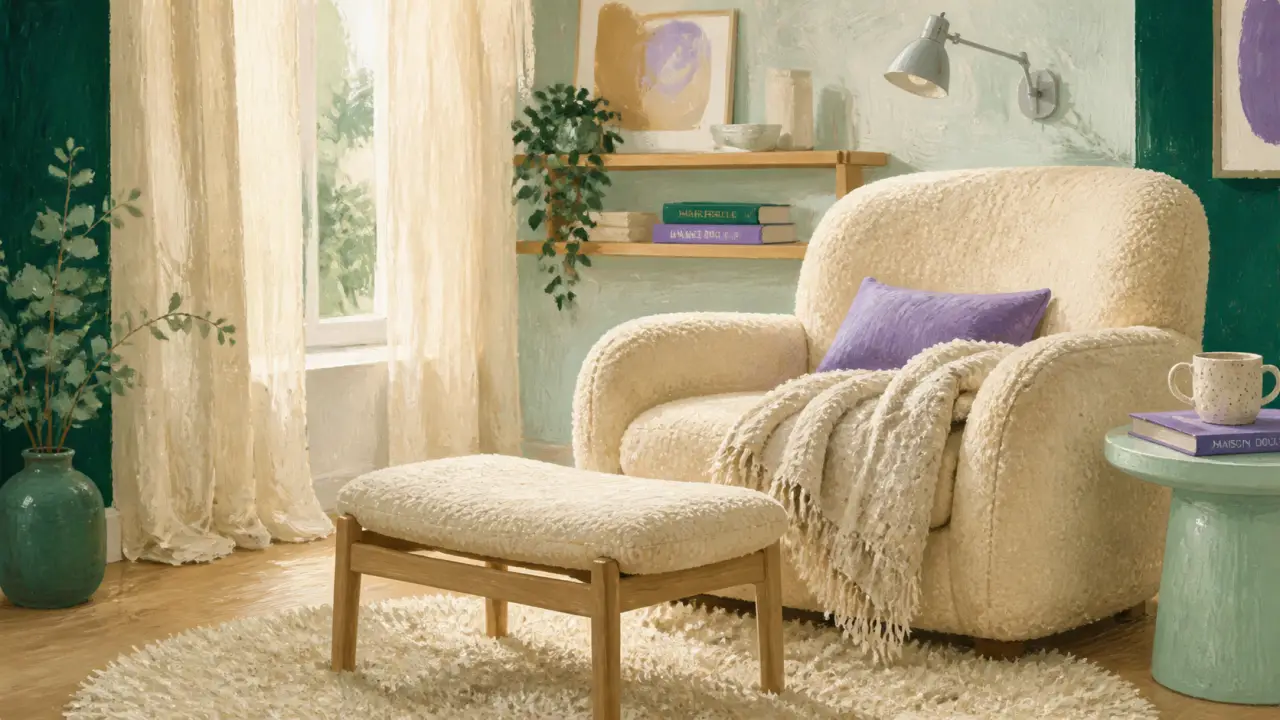 Coin lecture zen : fauteuil beige, lumière douce, plaid en lin