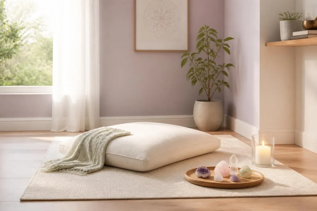 Trois à cinq cristaux, un lieu calme et une intention claire pour créer un coin méditation apaisant