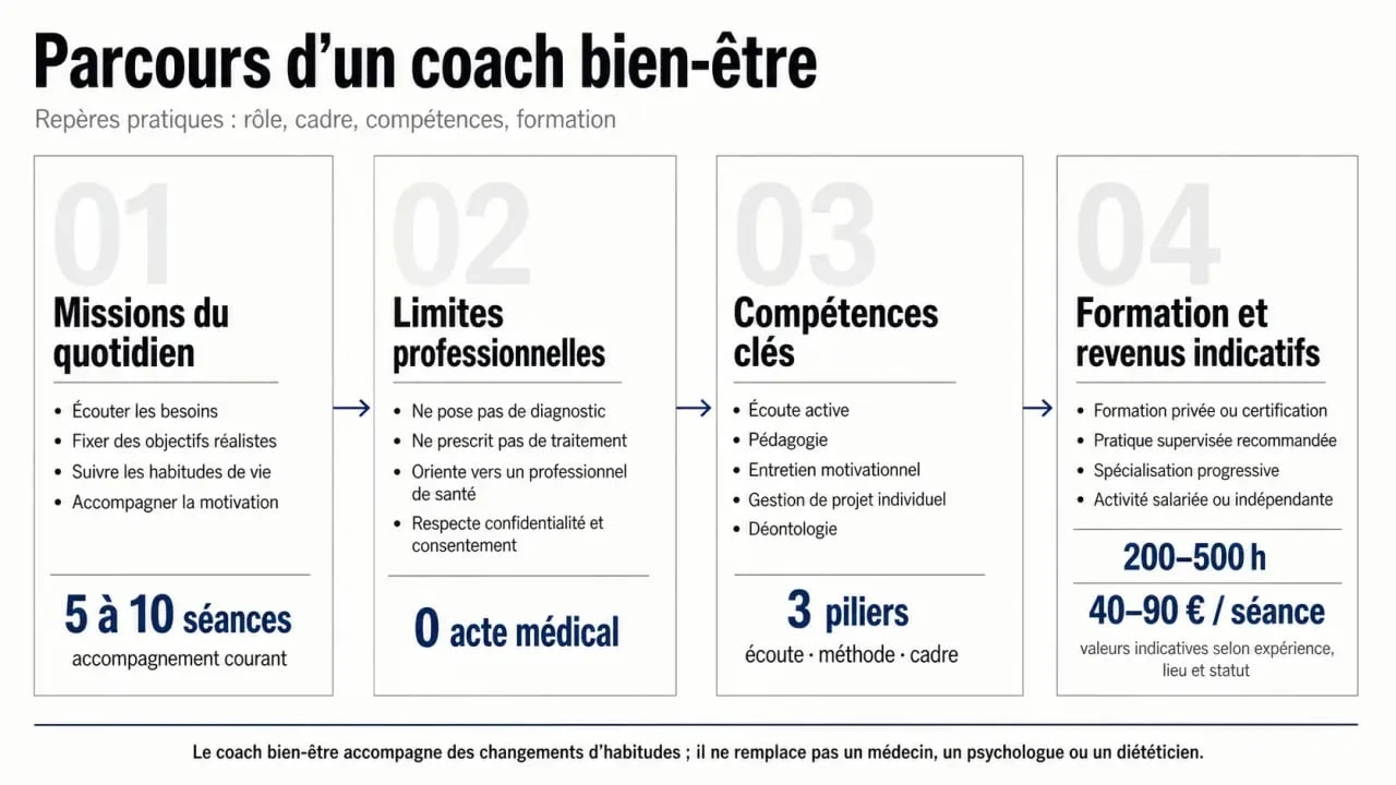 Coach bien-être : missions, limites, formation et revenus indicatifs