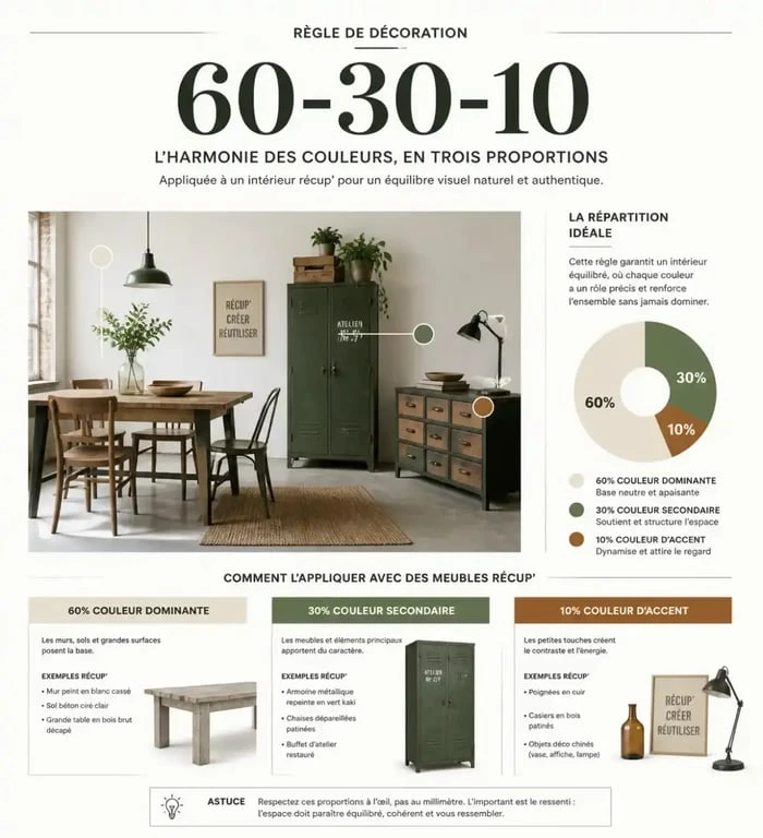 Infographie illustrant la règle 60-30-10 pour une déco récup réussie