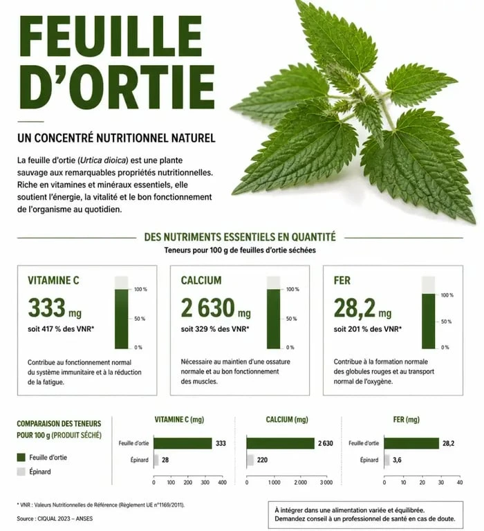 Infographie des bienfaits nutritionnels et propriétés de la feuille d'ortie