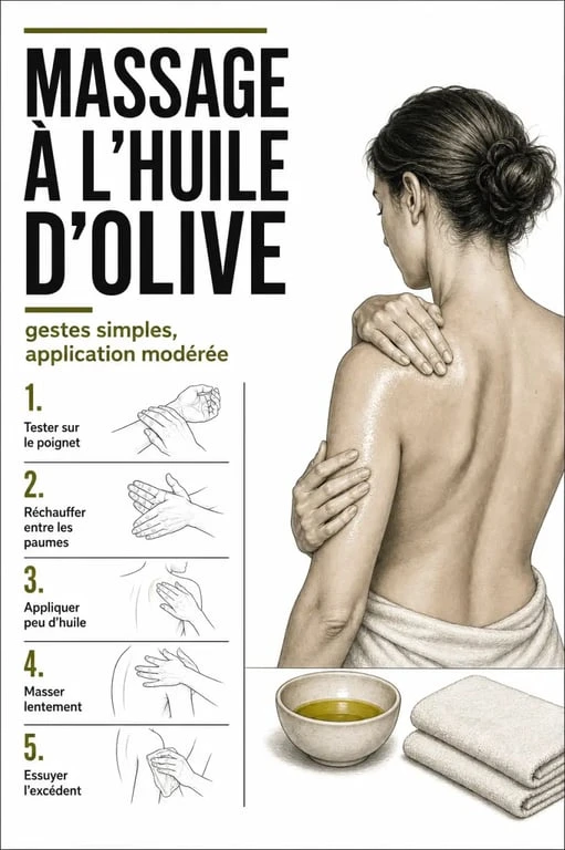 Massage huile olive : illustration des gestes, de la chauffe légère et des précautions