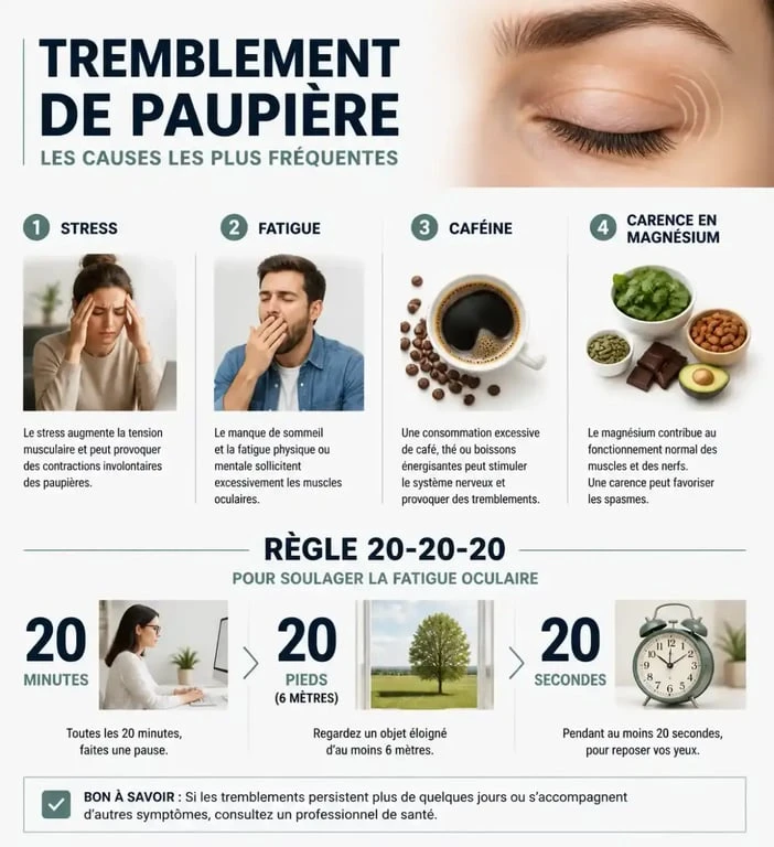 Infographie sur les causes de l'oeil qui tremble et signification spirituelle