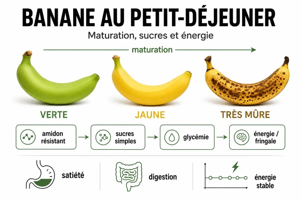 Pourquoi il ne faut pas manger de banane le matin : schéma des bananes verte, jaune et très mûre et de leur impact sur la glycémie