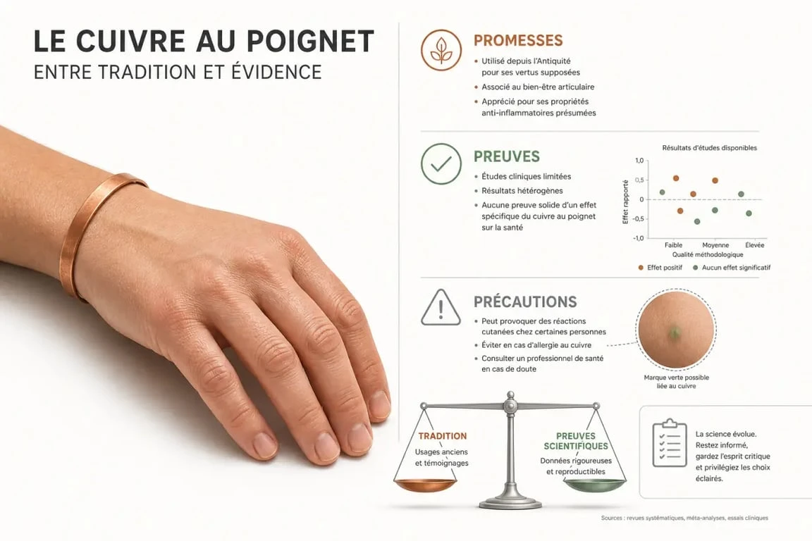 Bracelet en cuivre bienfaits : illustration éditoriale sur les promesses, les preuves et les précautions d’usage