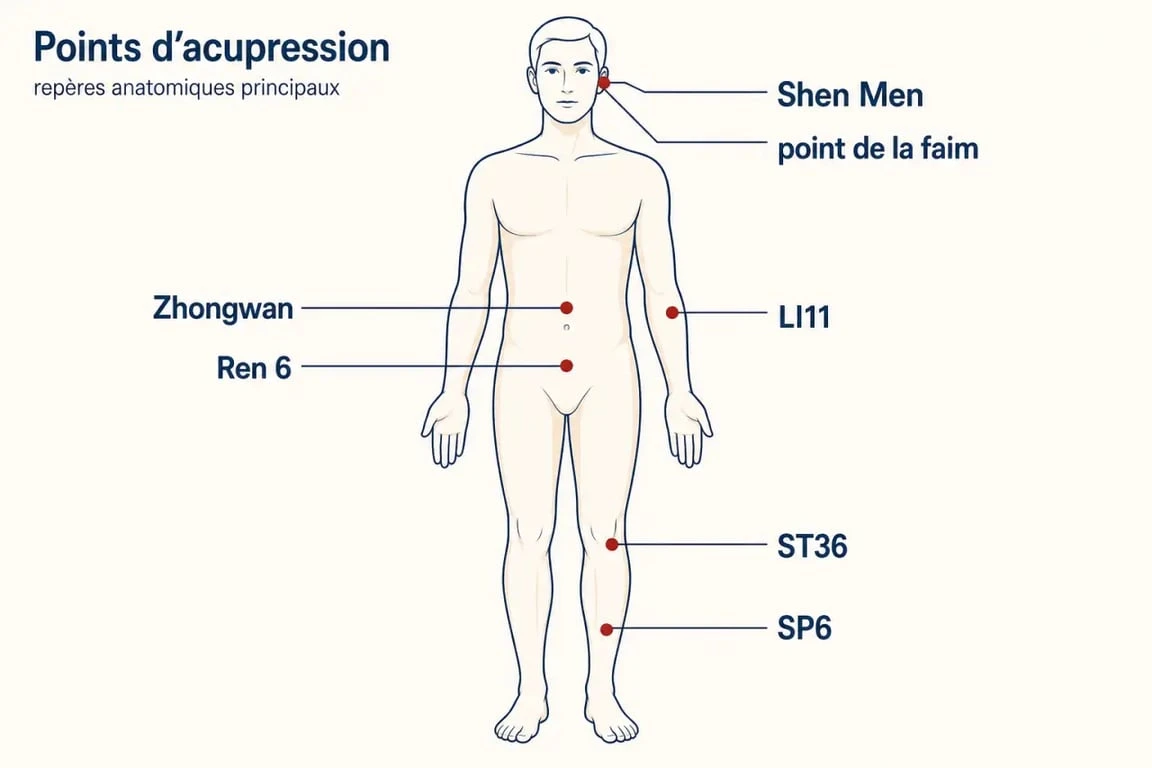 Points d’acupression pour maigrir sur schéma du corps humain avec zones clés de l’oreille, du ventre et de la jambe