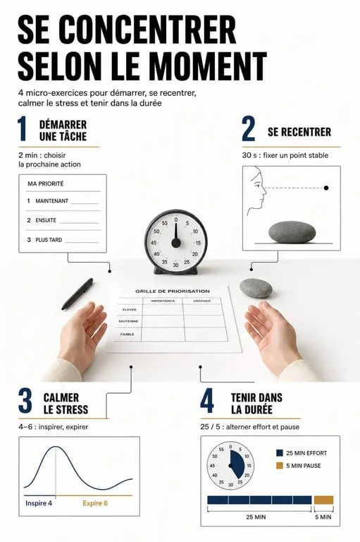 Exercice pour la concentration : synthèse visuelle des méthodes rapides selon le besoin du moment