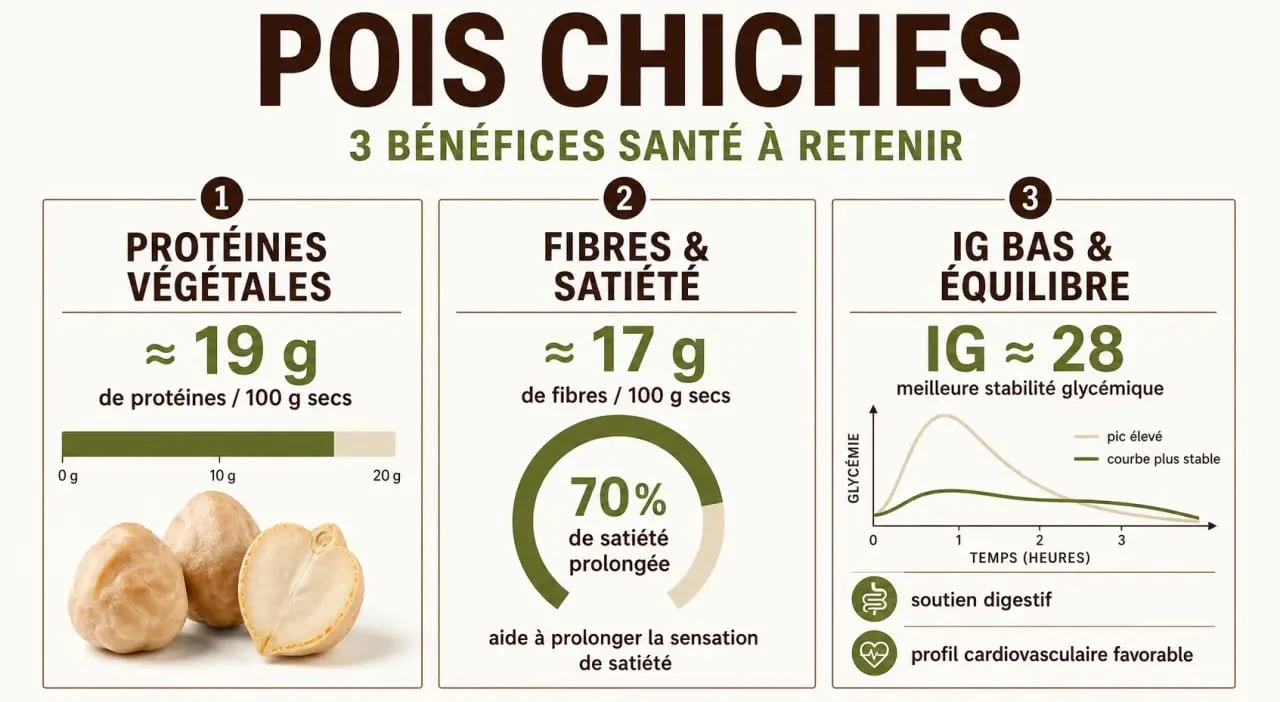 Pois chiche bienfaits : infographie nutritionnelle sur les protéines, les fibres, la satiété et la glycémie