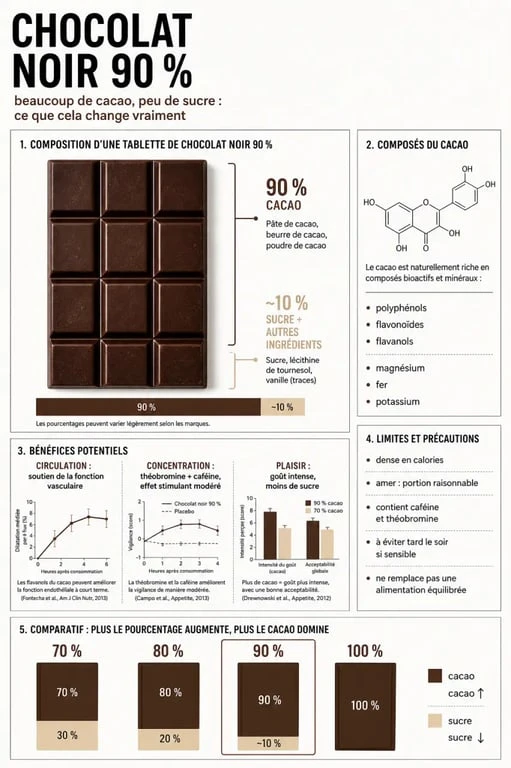 Bienfaits chocolat noir 90 : infographie sur la composition, les effets santé et la comparaison avec 70 %, 80 % et 100 %