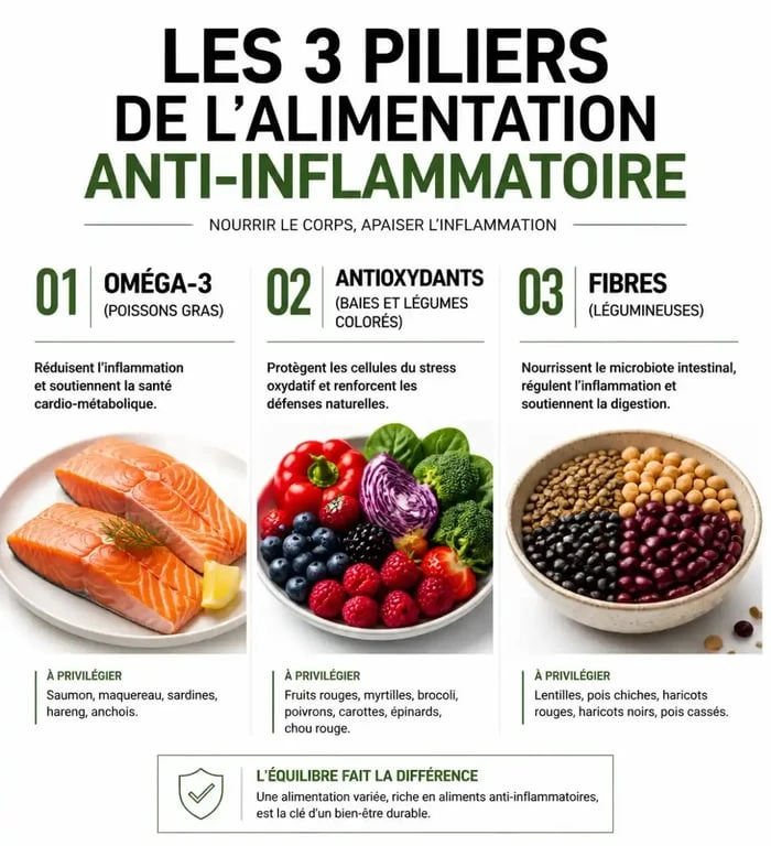 Infographie des piliers d'un menu anti-inflammatoire pour réduire l'inflammation chronique