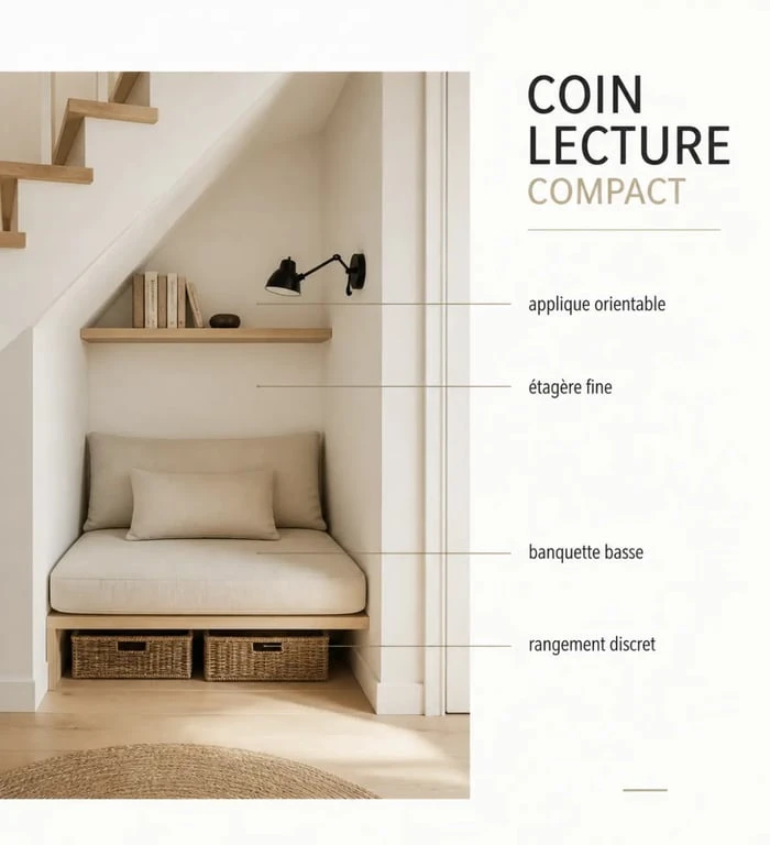Coin lecture zen dans un petit espace avec banquette compacte, étagère murale et éclairage orientable