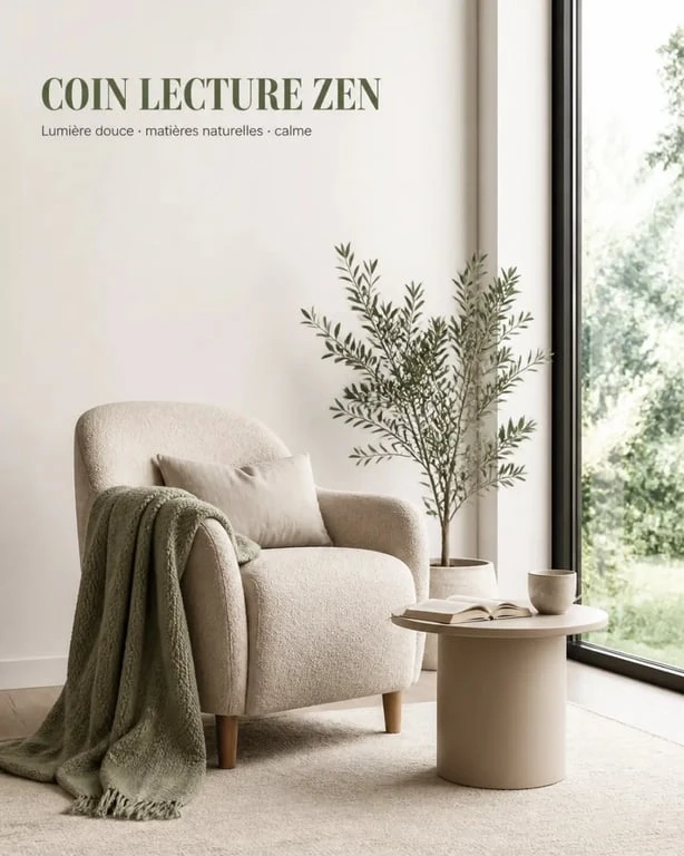Coin lecture zen près d’une fenêtre avec fauteuil confortable, lumière douce et ambiance apaisante