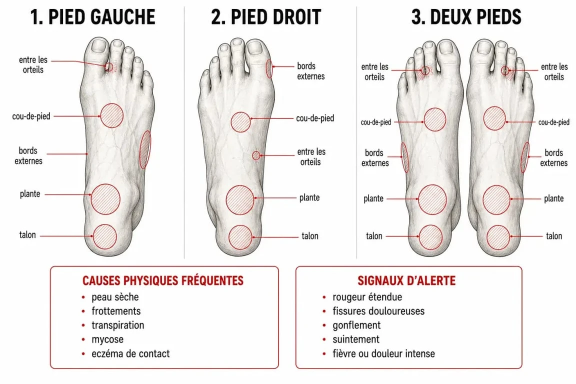 Plante du pied qui gratte : visuel comparatif des interprétations et des causes médicales possibles