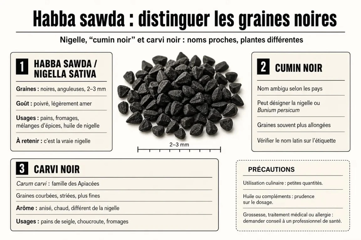 Infographie habba sawda : comparaison avec la nigelle, le cumin noir et le carvi noir, usages et précautions