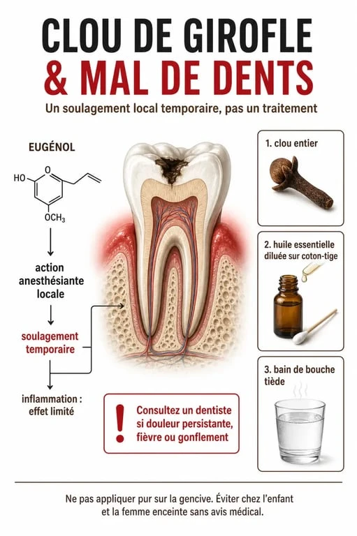 Maux de dents et clou de girofle : infographie sur le soulagement temporaire, les méthodes d’utilisation et les limites